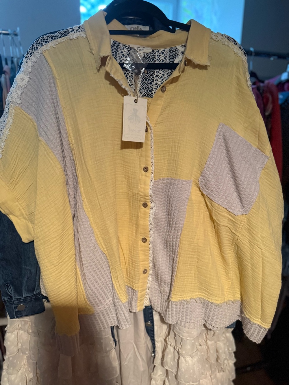 Yellow & ivory Patchwork Button-Down Shirt